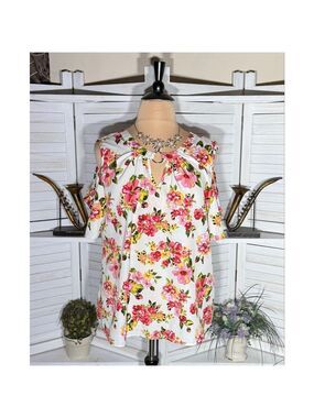 MPH collection cream pink blouse cottage fairy floral cold shoulder plus sz 3X